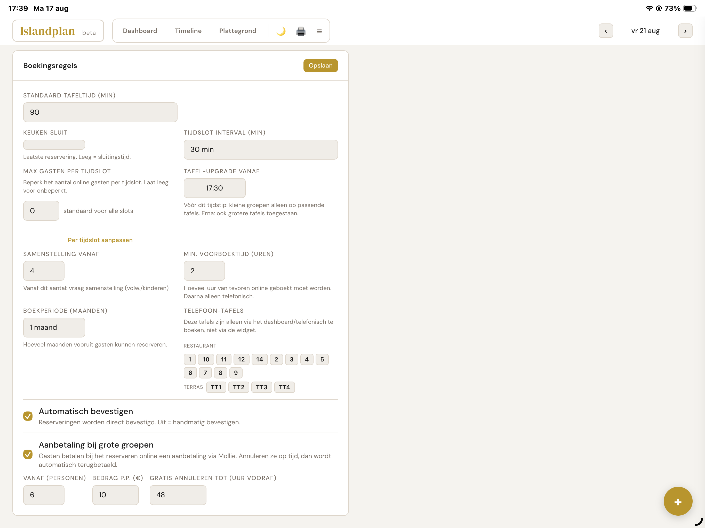 Islandplan-instellingen voor tafeltijd, tijdsloten en online bezetting